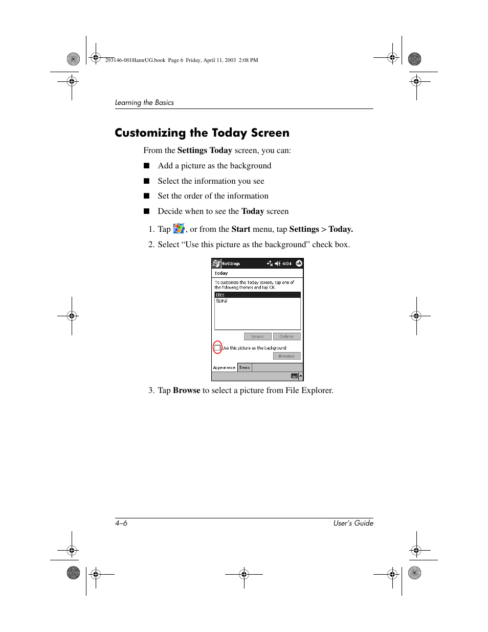 Customizing the today screen, Customizing the today screen –6 | HP h2200 Series User Manual | Page 42 / 125