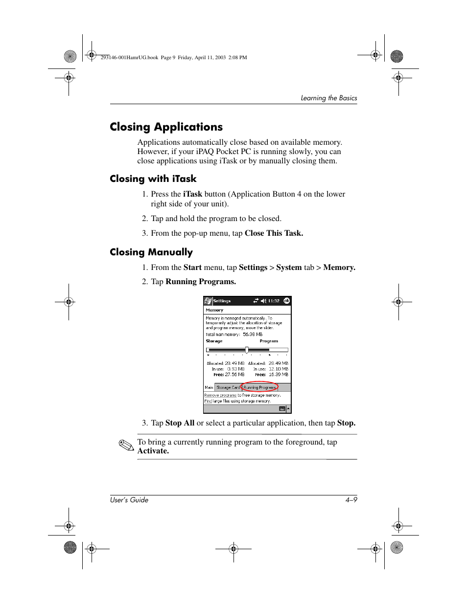 Closing applications, Closing with itask, Closing manually | Closing applications –9 | HP h2200 Series User Manual | Page 45 / 125