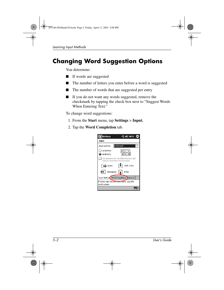 Changing word suggestion options, Changing word suggestion options –2 | HP h2200 Series User Manual | Page 57 / 125