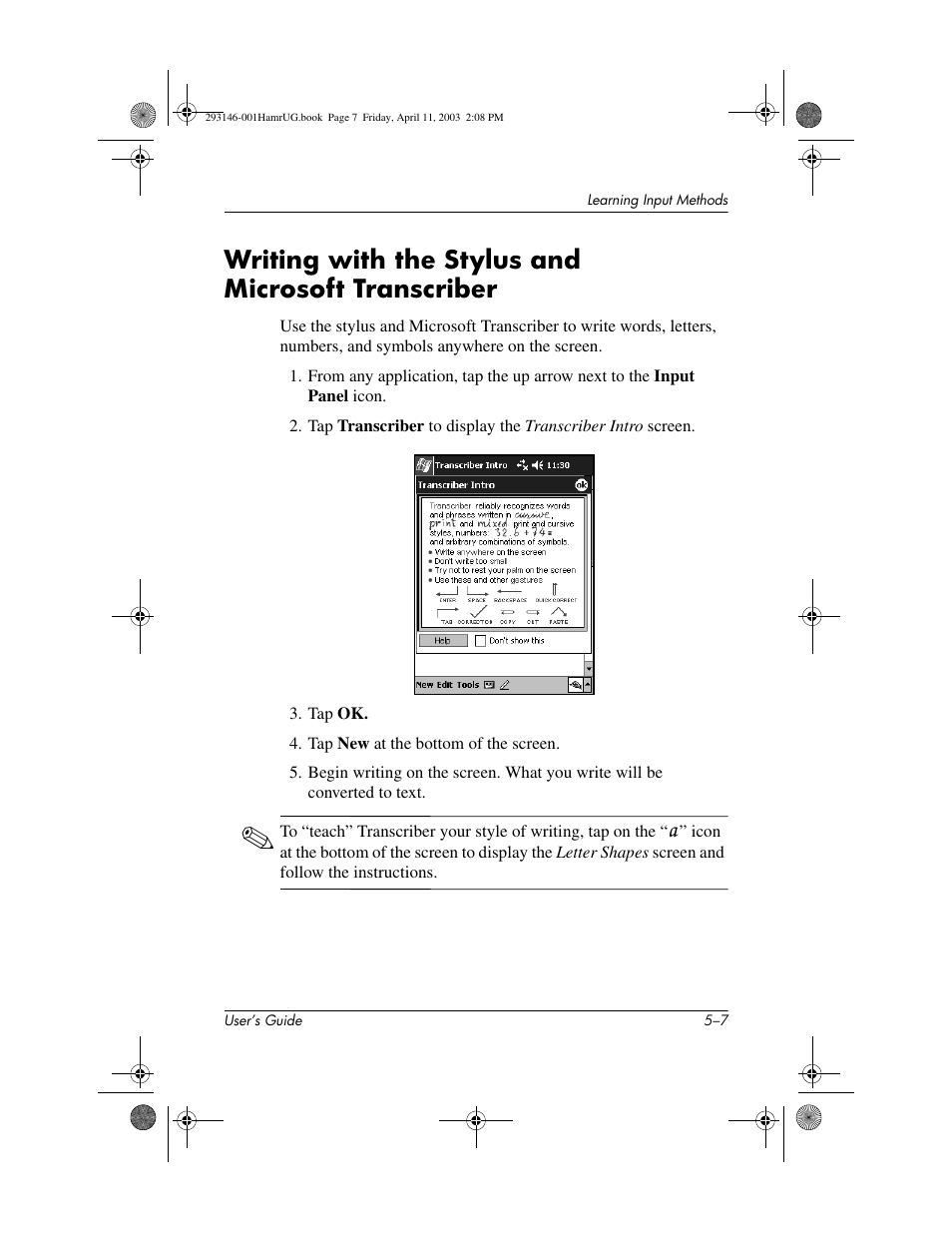 Writing with the stylus and microsoft transcriber | HP h2200 Series User Manual | Page 62 / 125