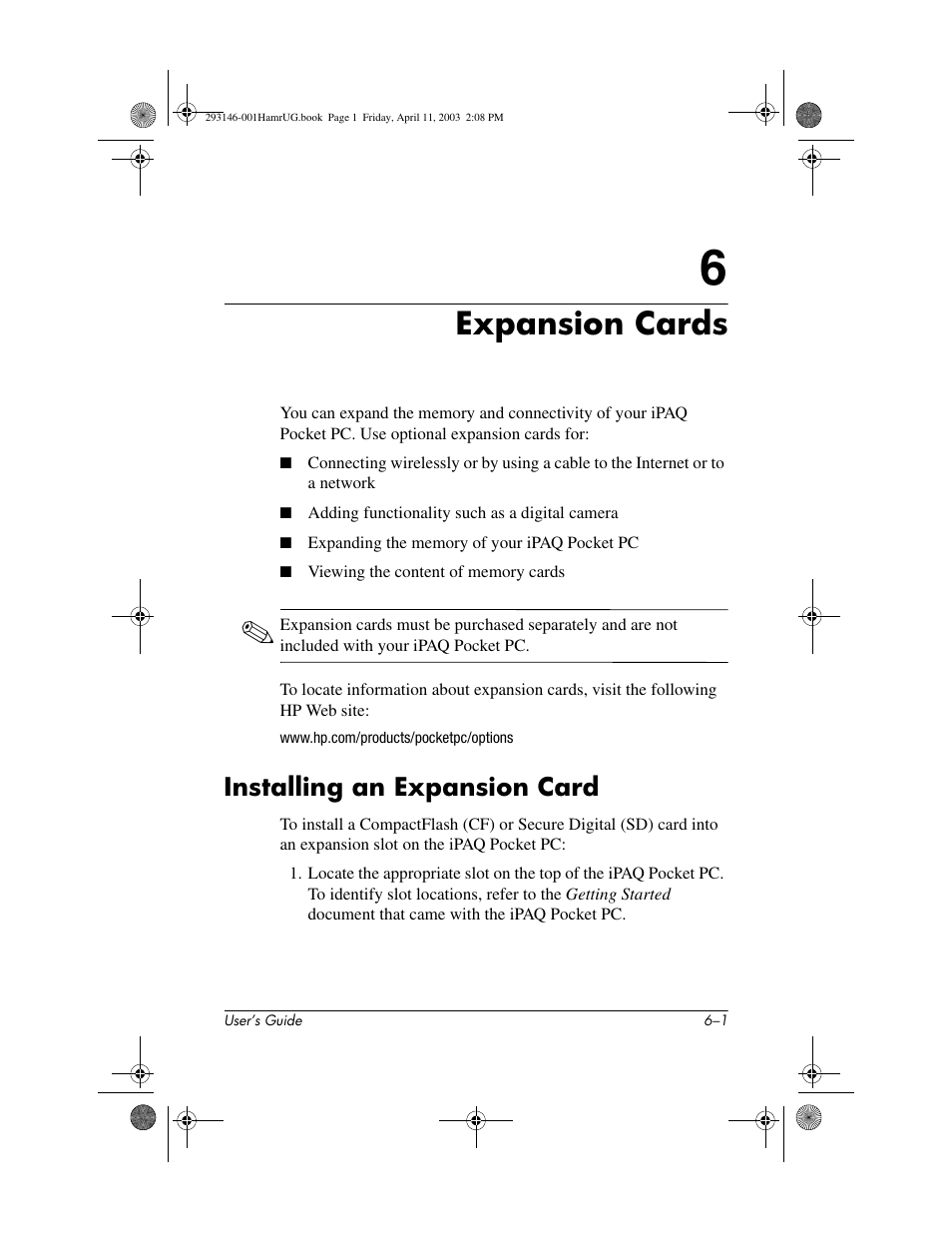 Expansion cards, Installing an expansion card, 6 expansion cards | Installing an expansion card –1 | HP h2200 Series User Manual | Page 65 / 125