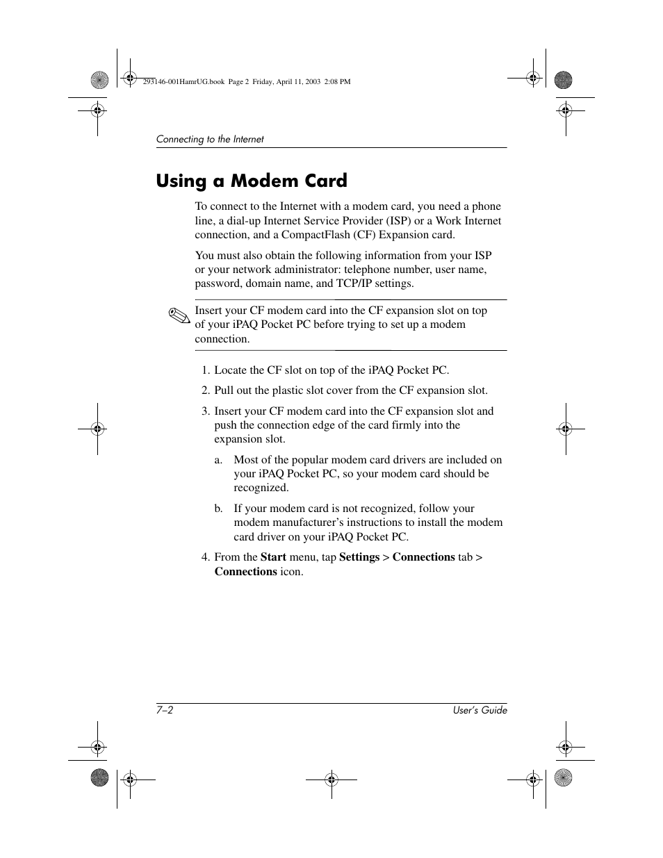 Using a modem card, Using a modem card –2 | HP h2200 Series User Manual | Page 70 / 125
