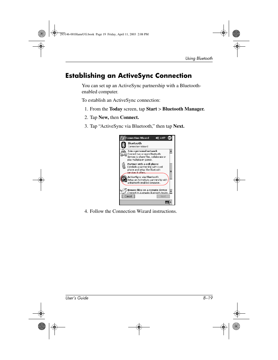 Establishing an activesync connection, Establishing an activesync connection –19 | HP h2200 Series User Manual | Page 94 / 125