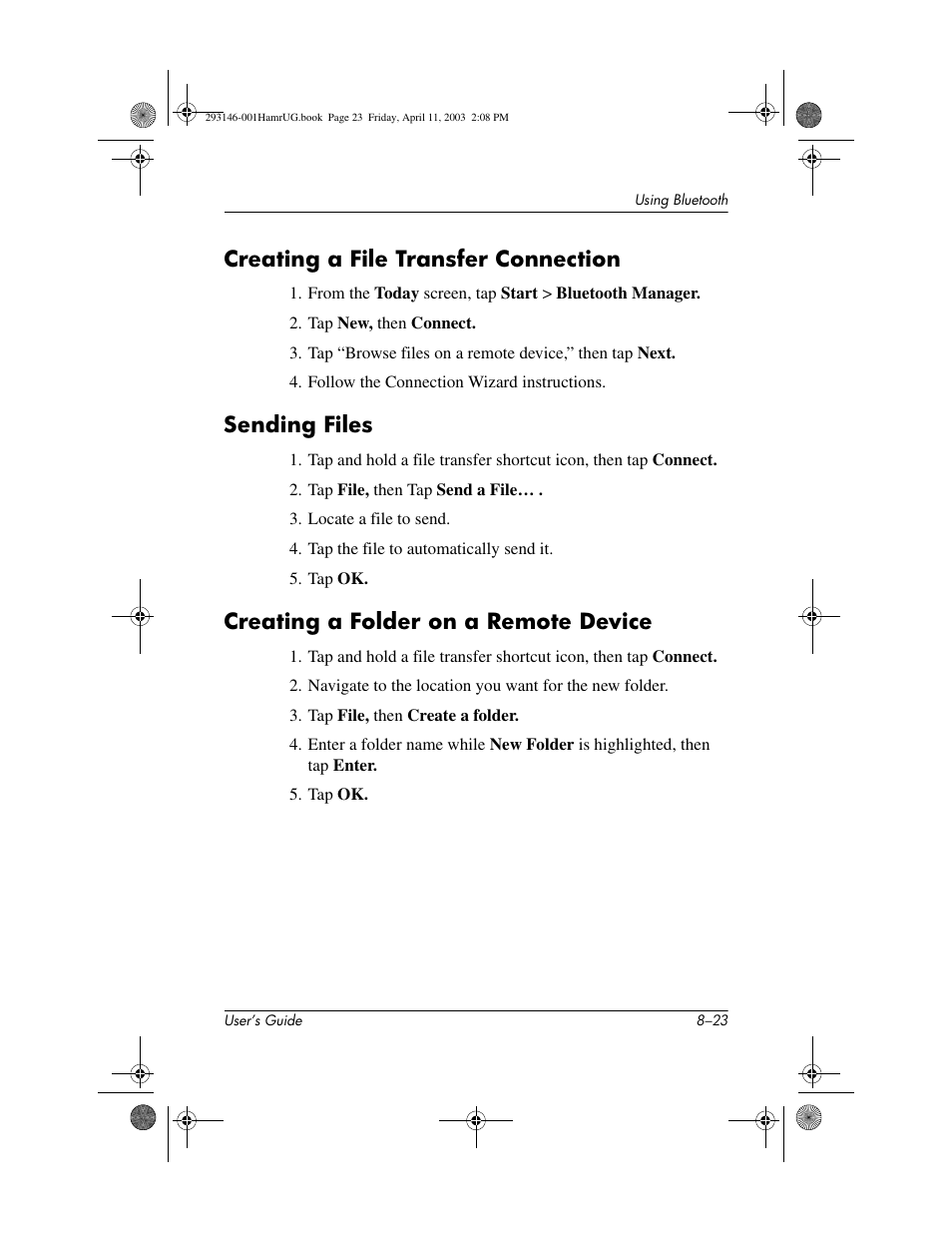 Creating a file transfer connection, Sending files, Creating a folder on a remote device | HP h2200 Series User Manual | Page 98 / 125