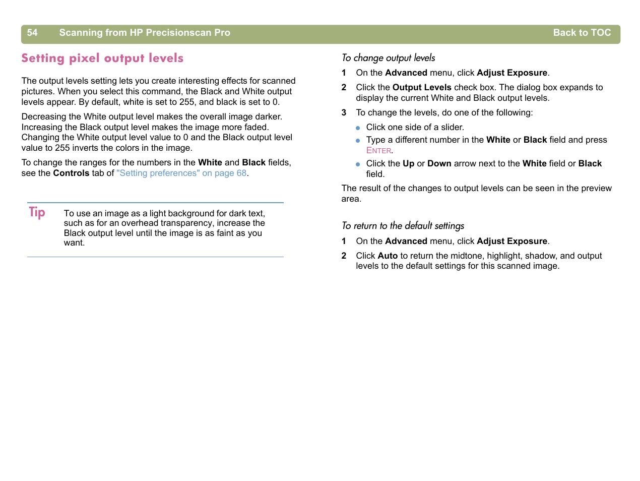 Setting pixel output levels, Setting pixel output levels" on | HP 5400c Series User Manual | Page 54 / 140