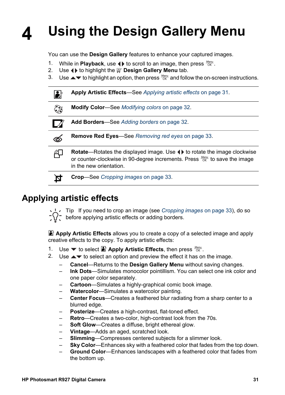 Using the design gallery menu, Applying artistic effects | HP Photosmart R927 User Manual | Page 31 / 58
