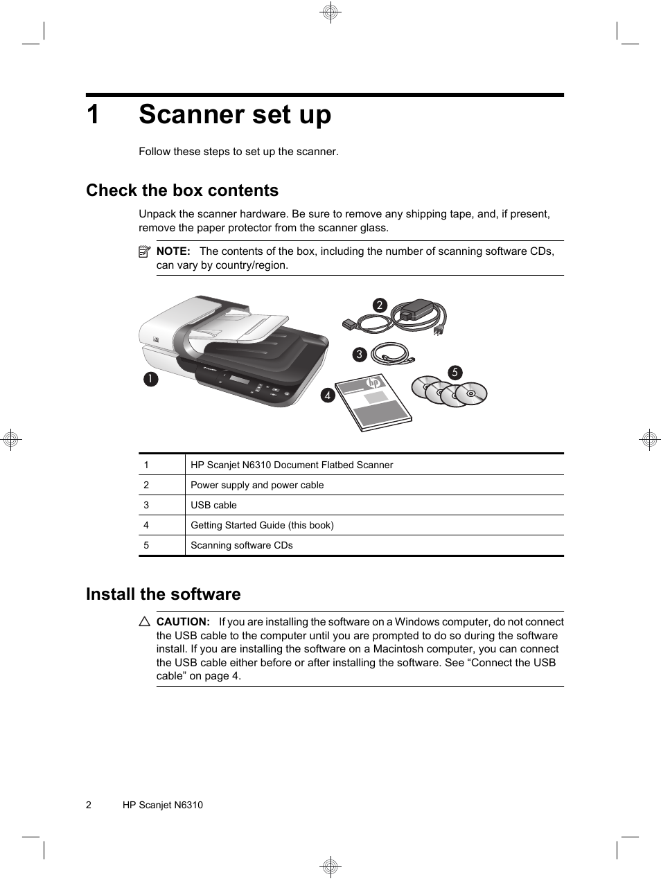 1scanner set up, Check the box contents, Install the software | HP Scanjet N6310 User Manual | Page 6 / 128