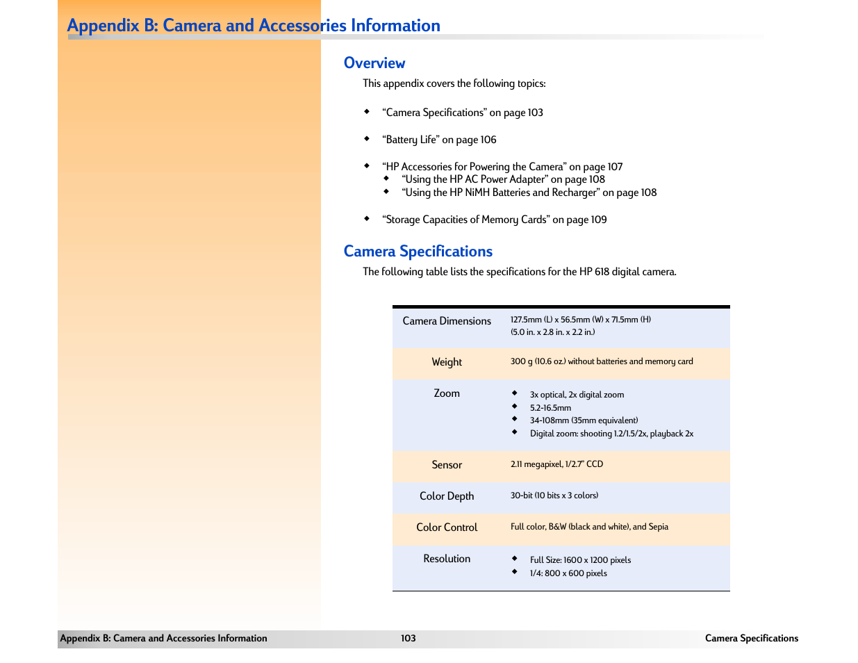Appendix b: camera and accessories information, Camera specifications, Appendix b: camera and accessories | Information, Overview | HP 618 User Manual | Page 103 / 129
