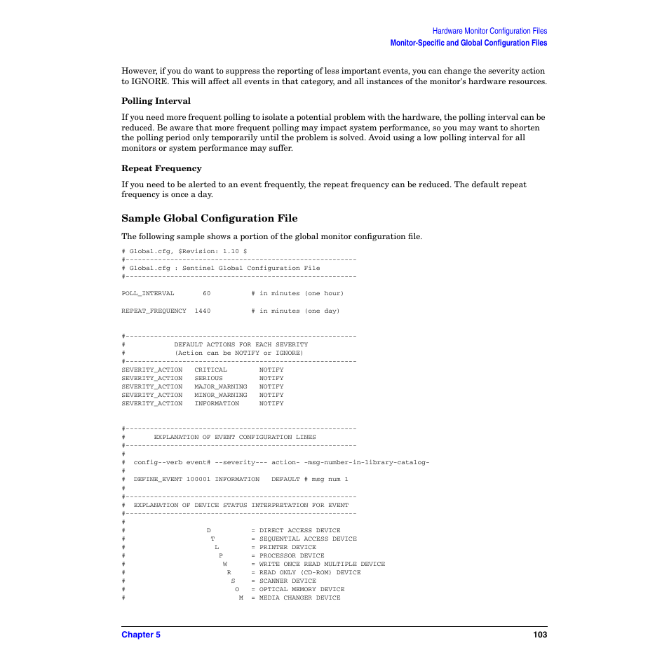 Polling interval, Repeat frequency, Sample global configuration file | HP B6191-90029 User Manual | Page 103 / 140