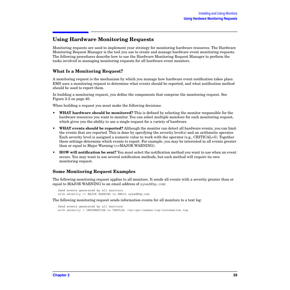 Using hardware monitoring requests, What is a monitoring request, Some monitoring request examples | HP B6191-90029 User Manual | Page 39 / 140