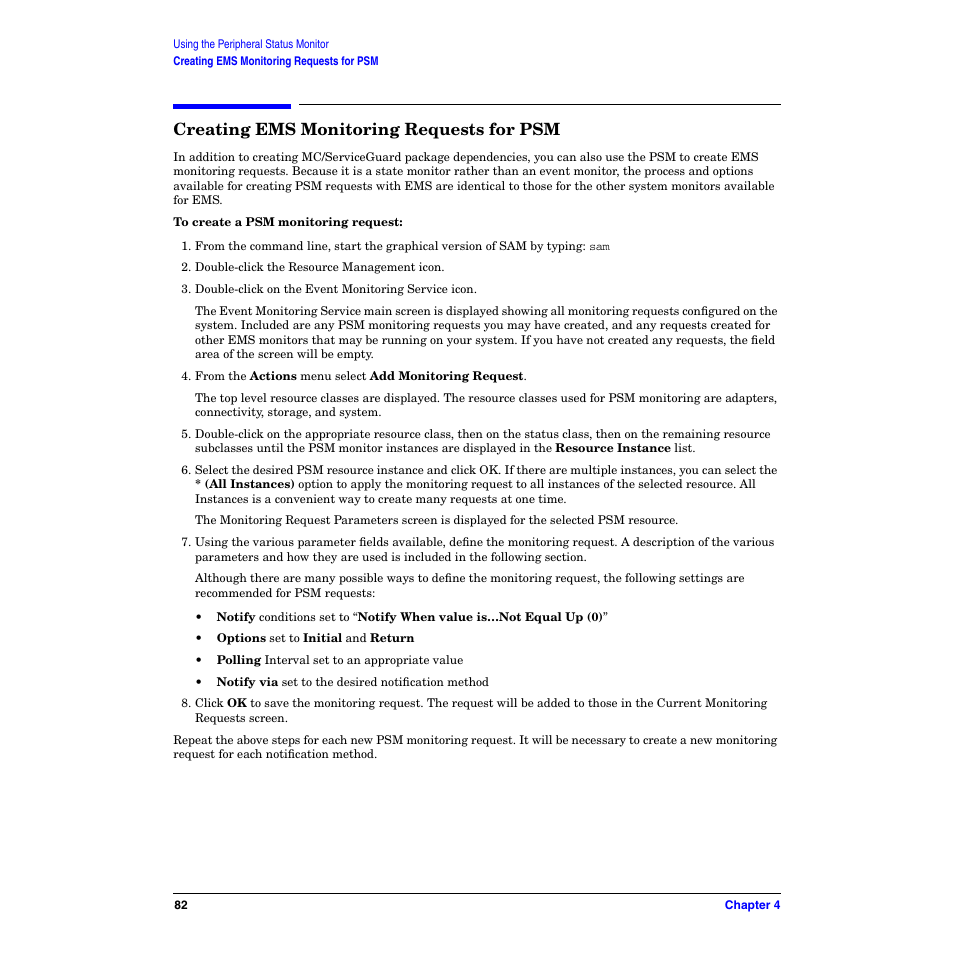 Creating ems monitoring requests for psm | HP B6191-90029 User Manual | Page 82 / 140