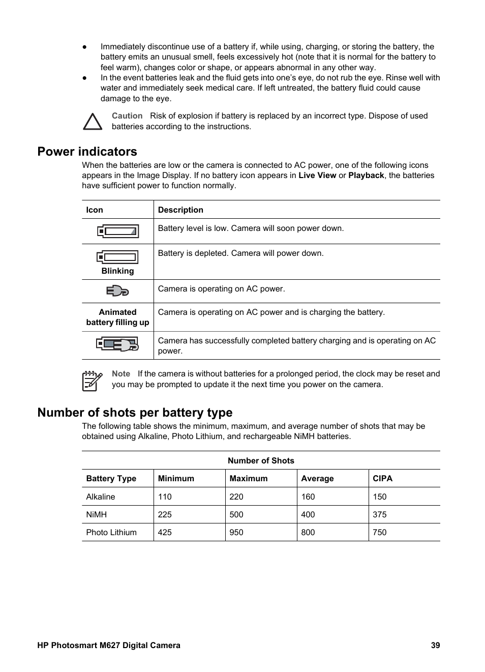 Power indicators, Number of shots per battery type, Power indicators number of shots per battery type | HP Photosmart M627 User Manual | Page 39 / 46