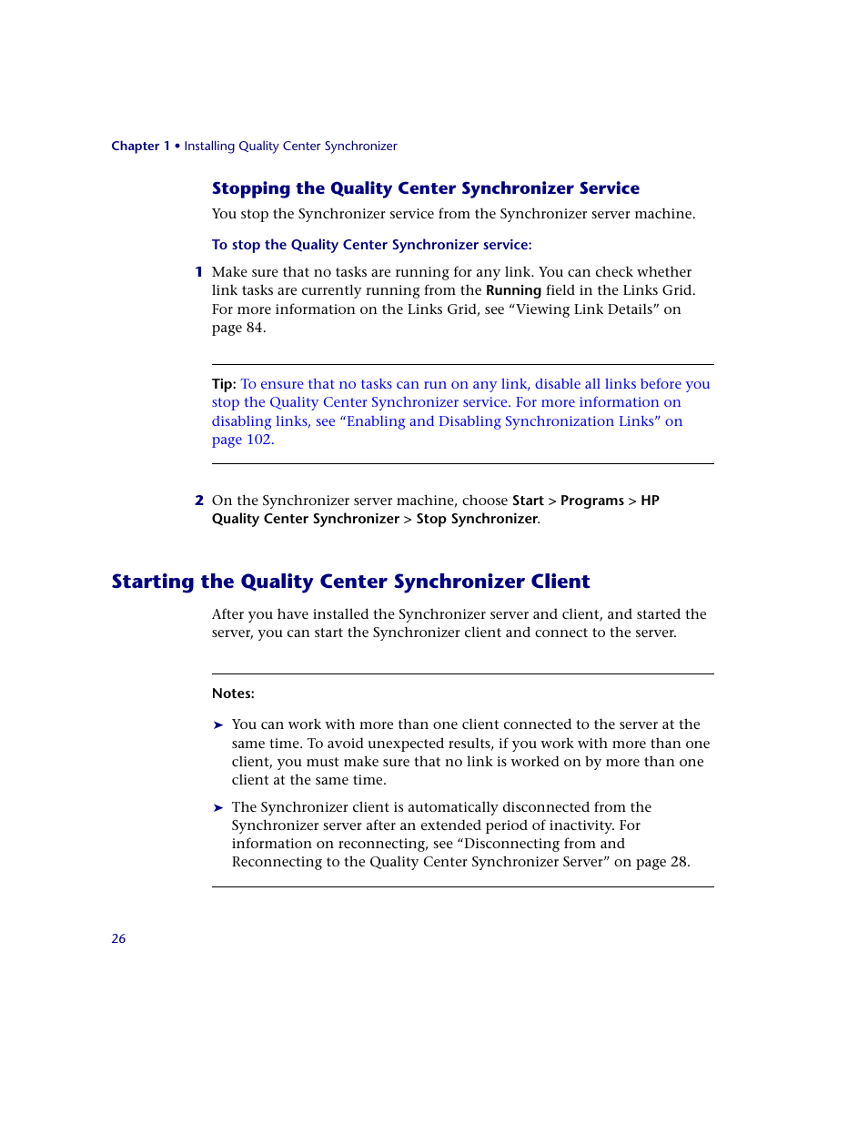 Stopping the quality center synchronizer service, Starting the quality center synchronizer client | HP Quality Center Synchronizer 1.2 User Manual | Page 26 / 130