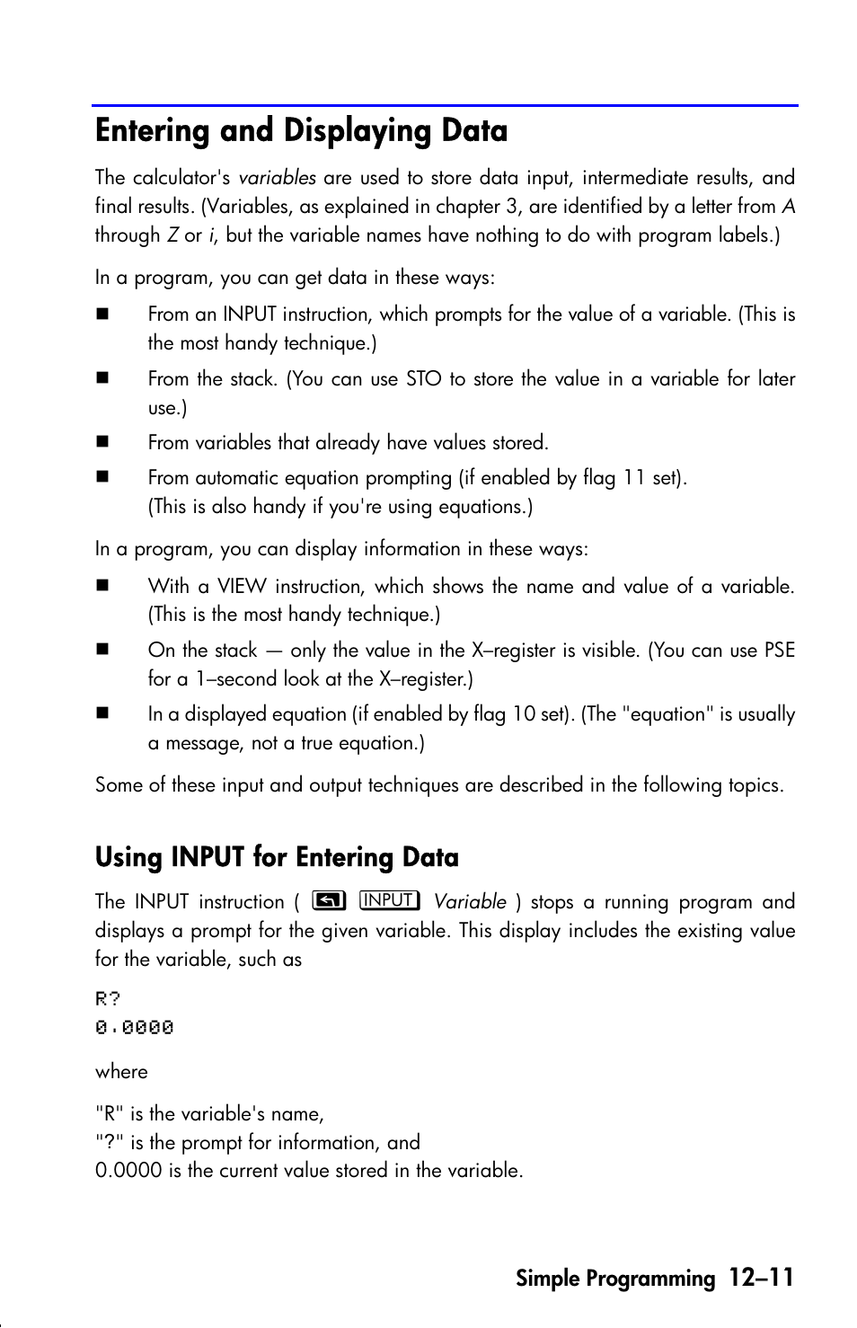 Entering and displaying data, Using input for entering data | HP 33s User Manual | Page 169 / 387