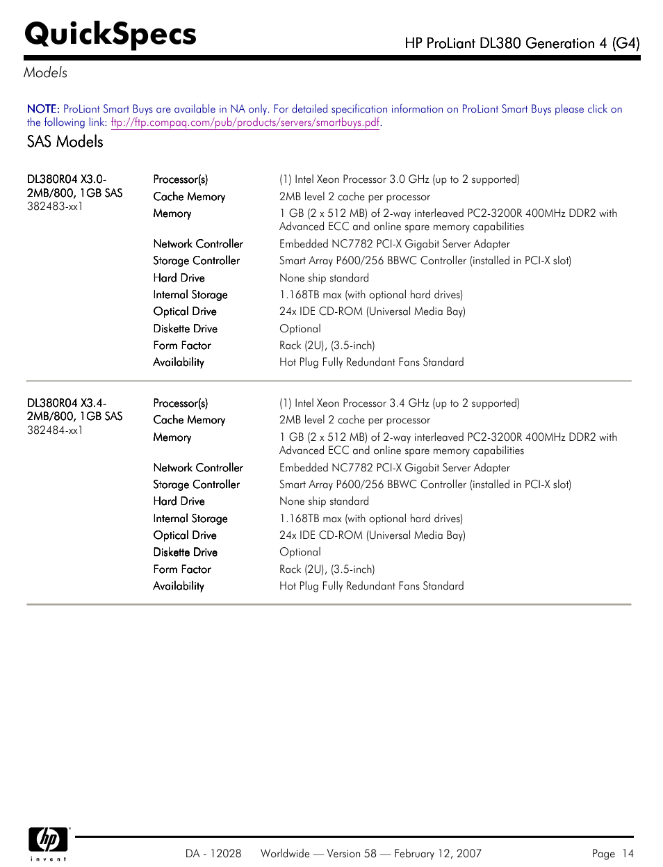Models, Quickspecs, Sas models | HP SCSI User Manual | Page 14 / 48