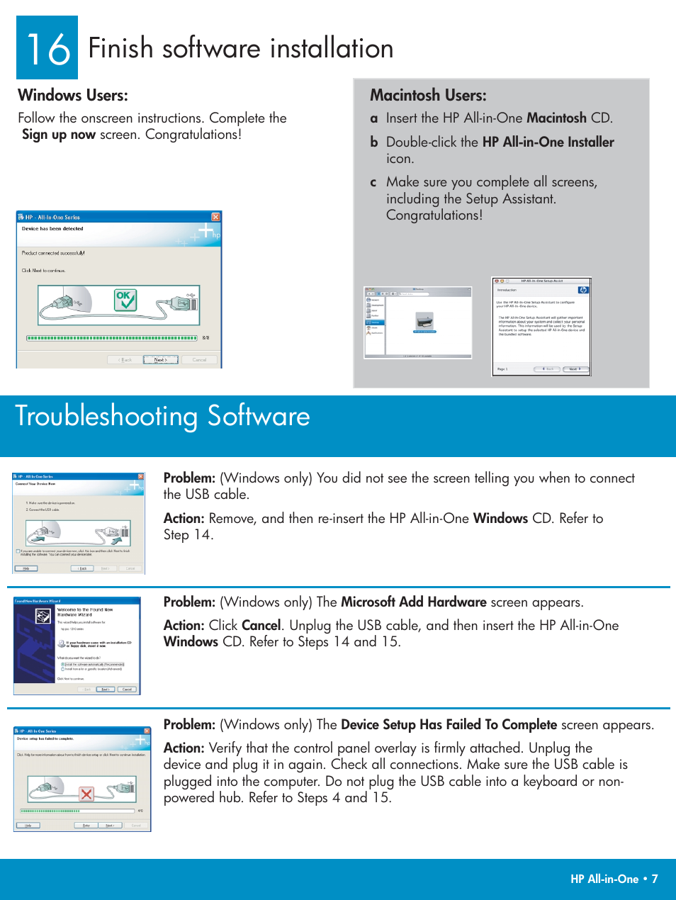 Finish software installation, Troubleshooting software | HP PSC 1500 User Manual | Page 7 / 8