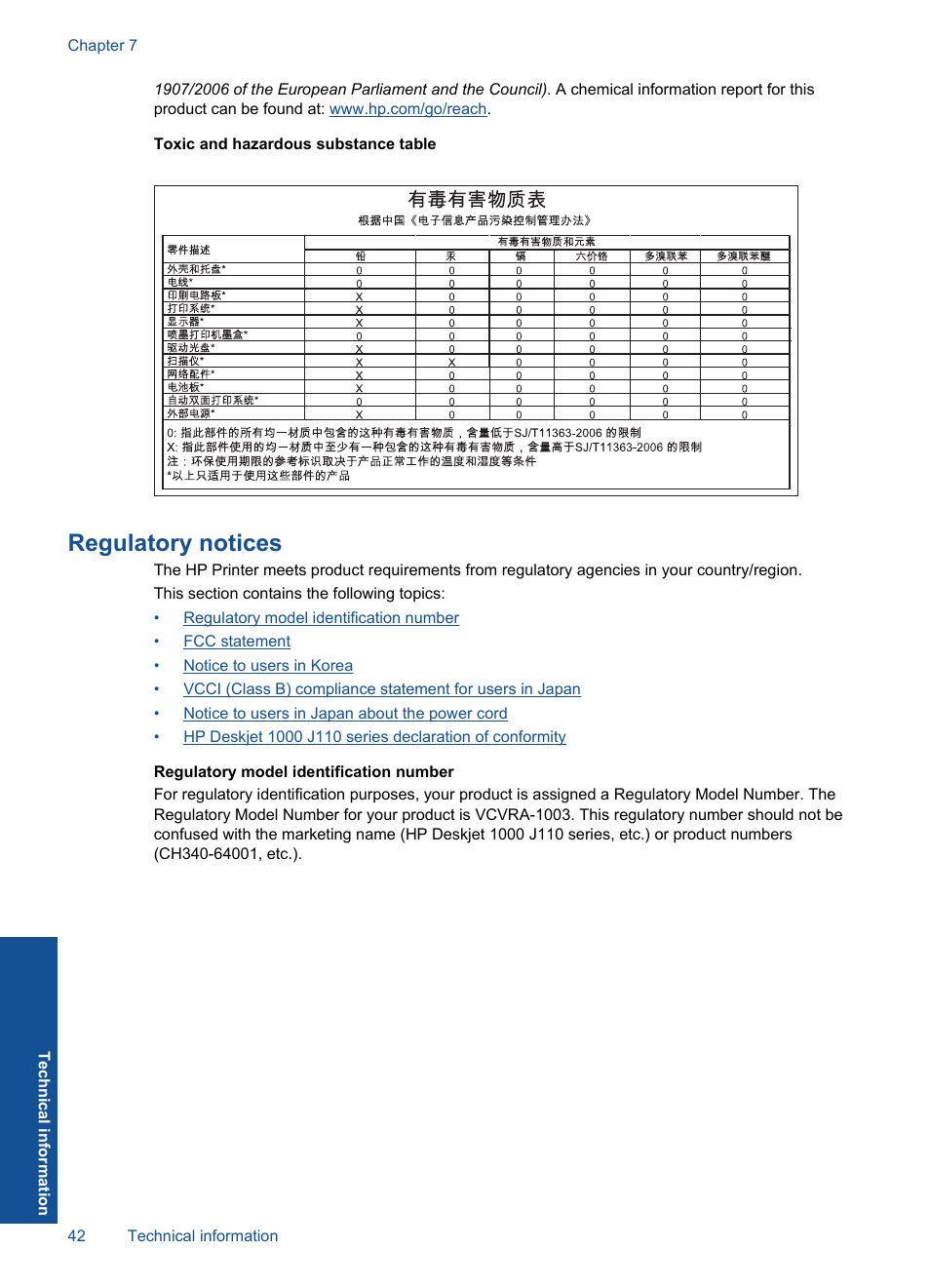 Regulatory notices, Toxic and hazardous substance table | HP DESKJET 1000 J110 User Manual | Page 44 / 48