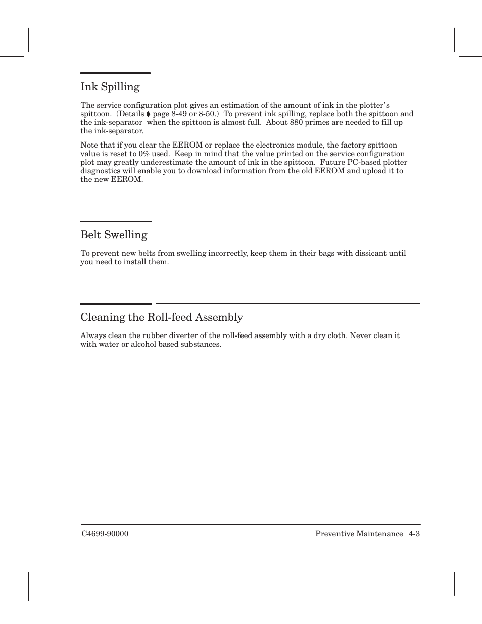 Ink spilling, Belt swelling, Cleaning the rollćfeed assembly | HP 250C User Manual | Page 41 / 268