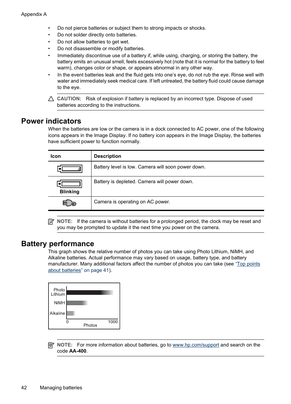 Power indicators, Battery performance, Power indicators battery performance | Hp re | HP Photosmart M730 Series User Manual | Page 44 / 50