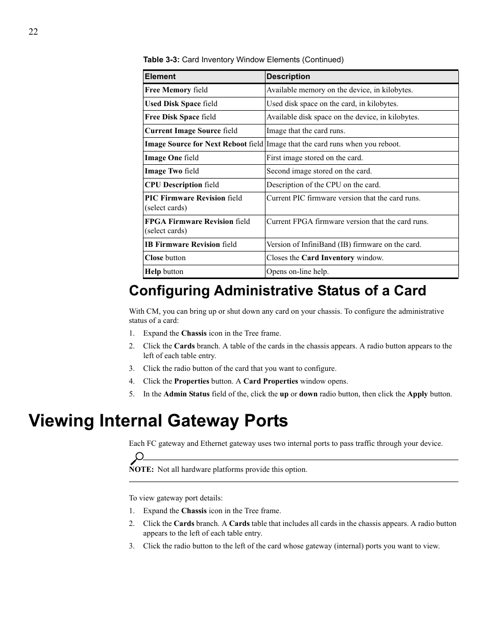 Configuring administrative status of a card, Viewing internal gateway ports, Configure administrative status of a card | View internal gateway ports | HP 377707-002 User Manual | Page 30 / 92