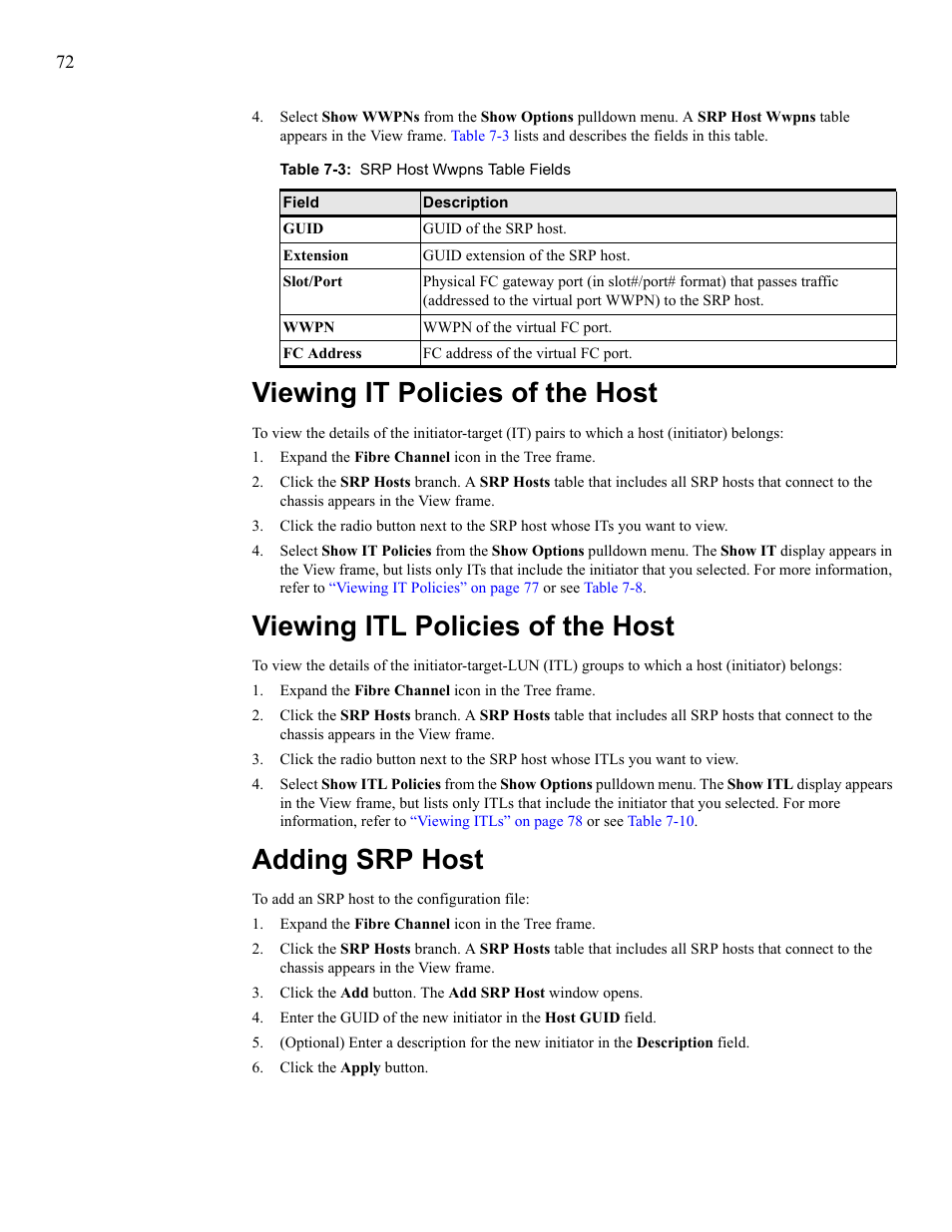 Viewing it policies of the host, Viewing itl policies of the host, Adding srp host | HP 377707-002 User Manual | Page 80 / 92