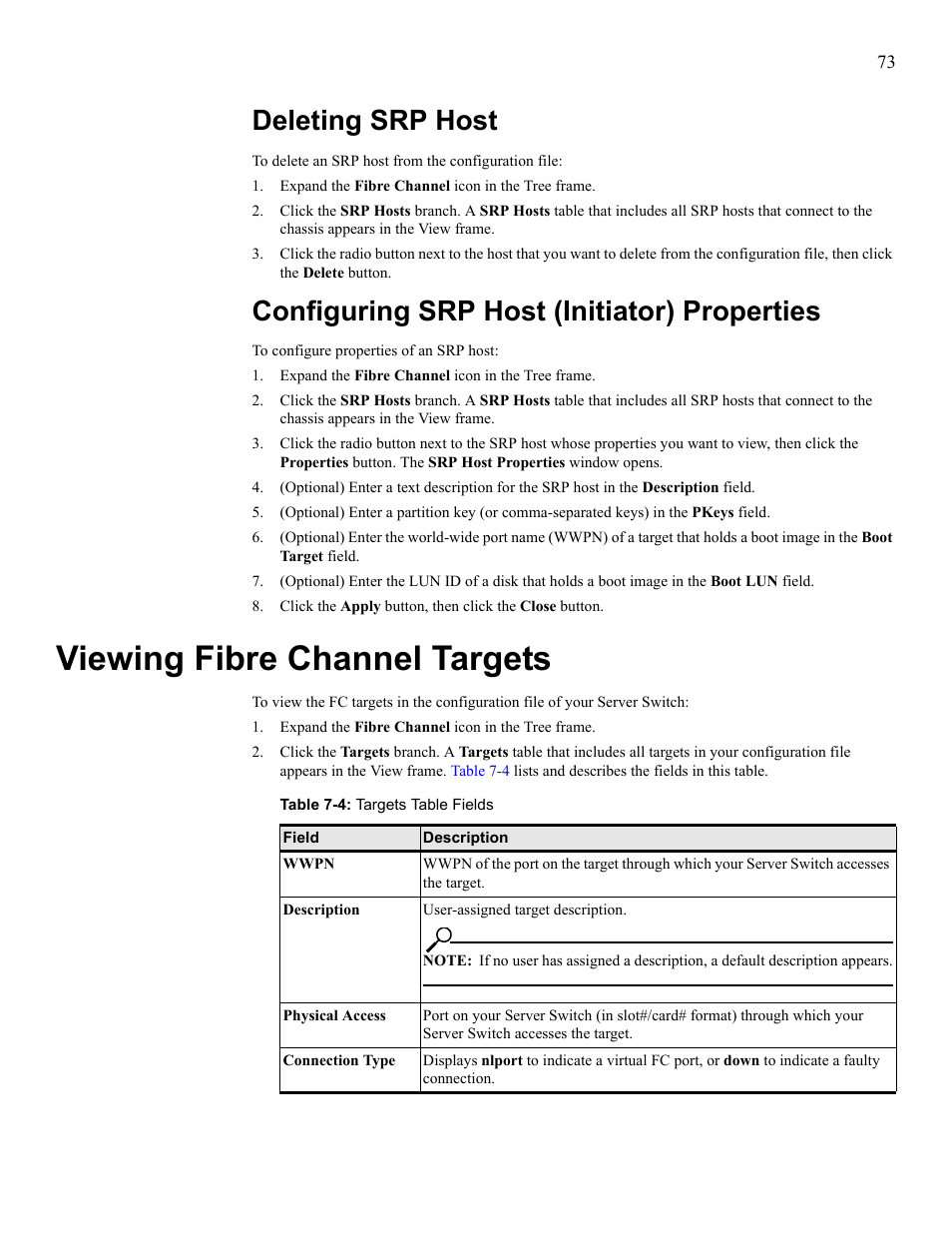 Deleting srp host, Configuring srp host (initiator) properties, Viewing fibre channel targets | View fibre channel targets | HP 377707-002 User Manual | Page 81 / 92