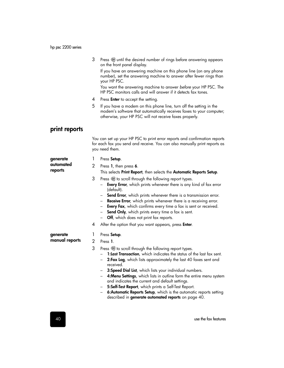 Print reports | HP 2200 User Manual | Page 46 / 94