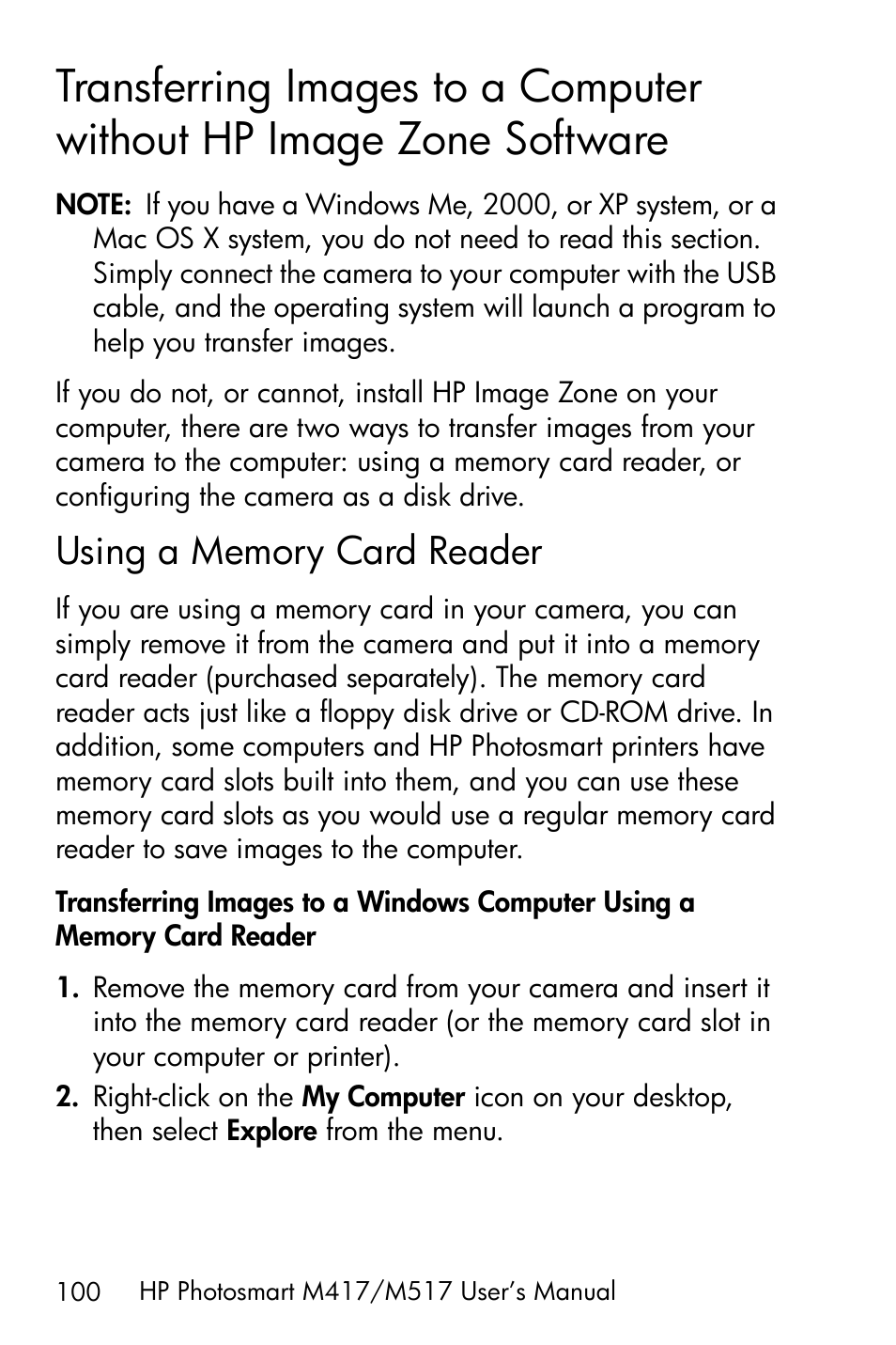 Using a memory card reader, Transferring images to a computer without, Hp image zone software | Using a memory card reader on | HP M417/M517 User Manual | Page 100 / 177