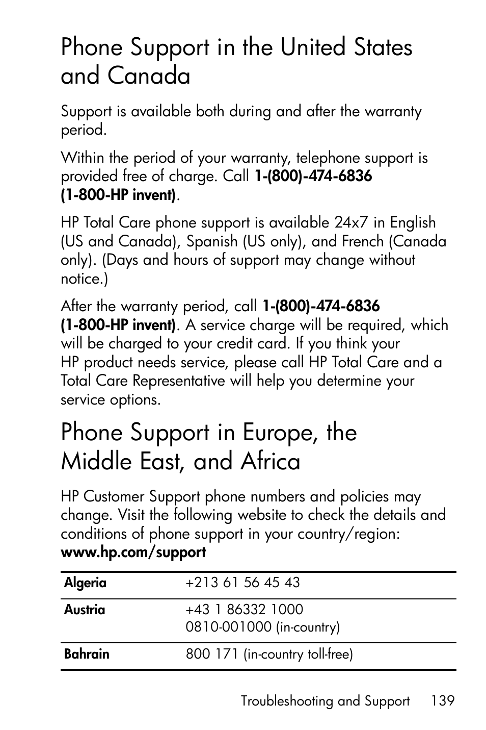 Phone support in the united states and canada, Phone support in the united states, And canada | Phone support in europe, the middle east, And africa | HP M417/M517 User Manual | Page 139 / 177