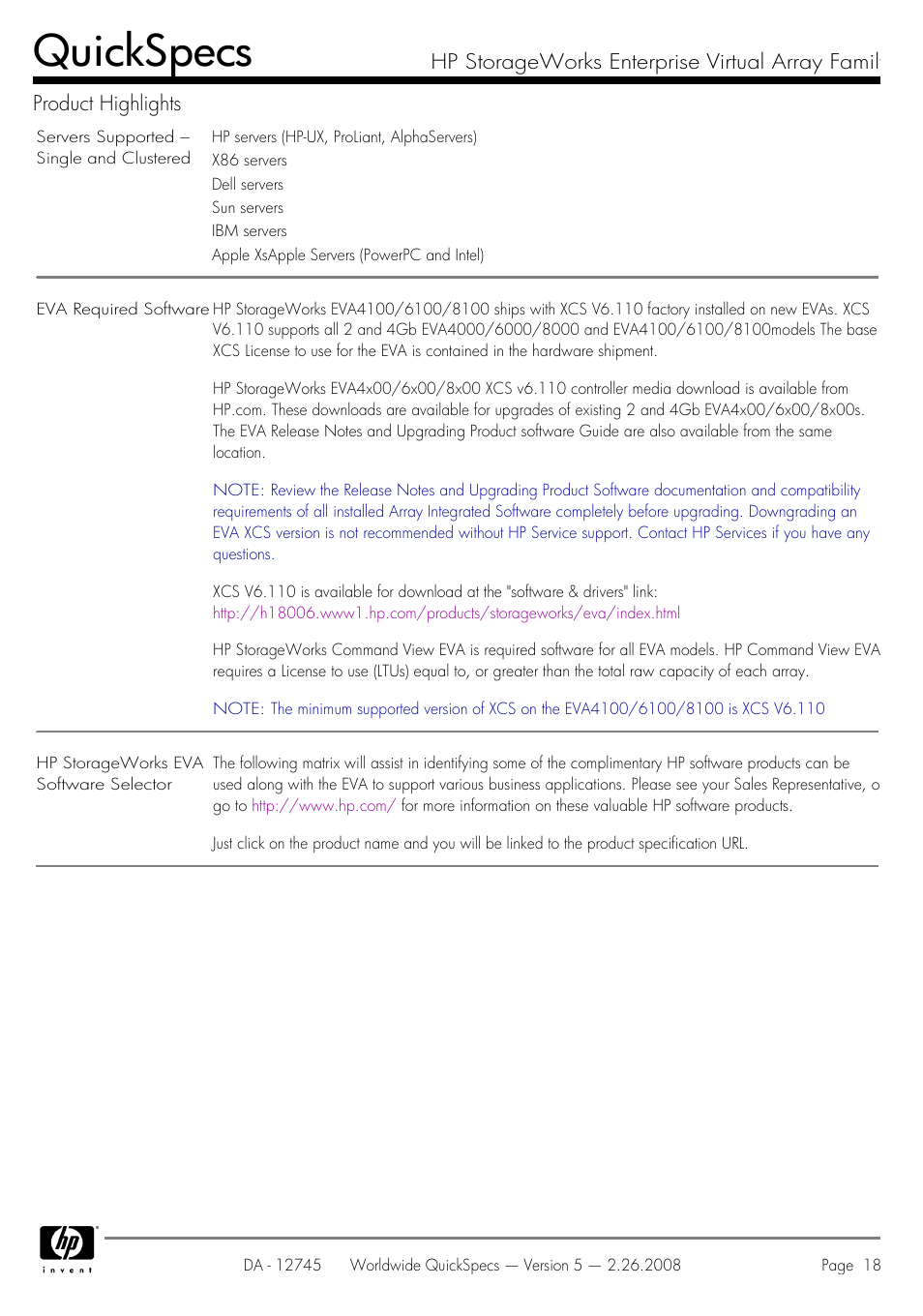 Quickspecs | HP EVA4100 User Manual | Page 18 / 50