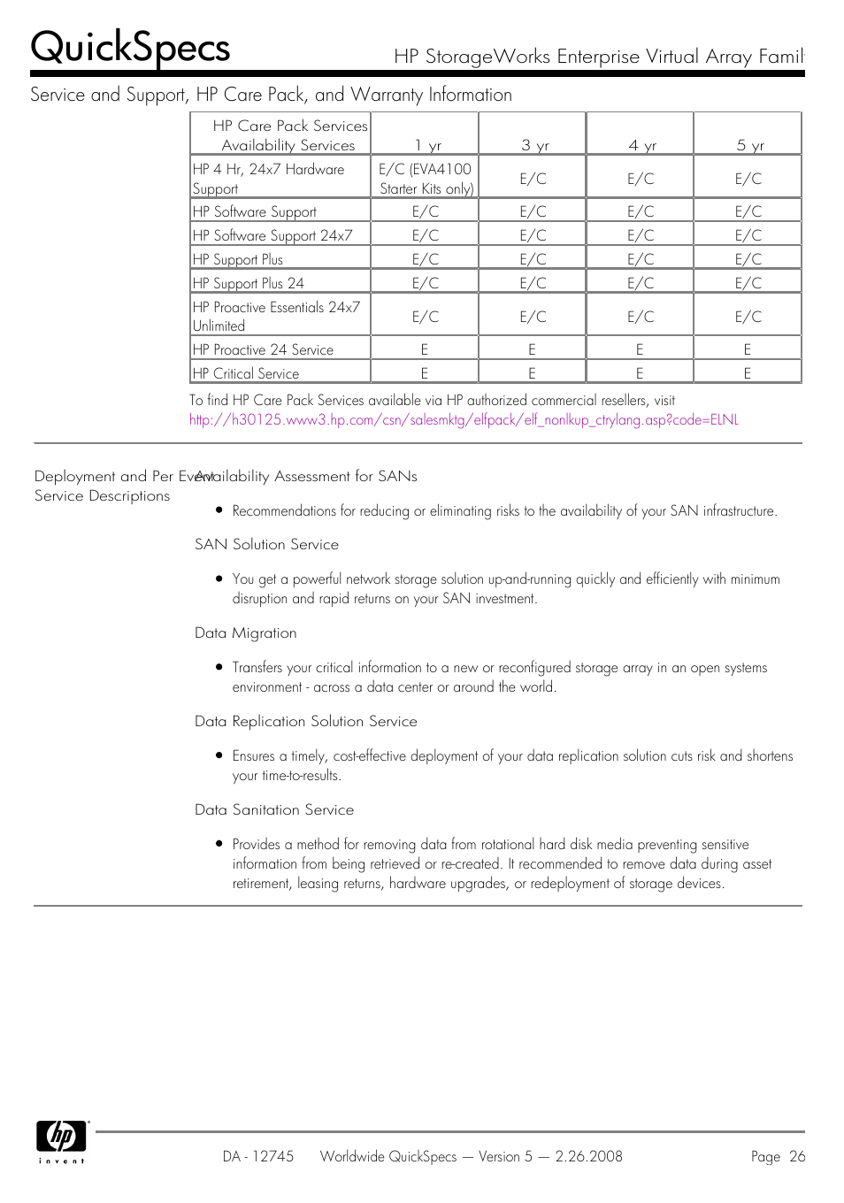 Quickspecs | HP EVA4100 User Manual | Page 26 / 50