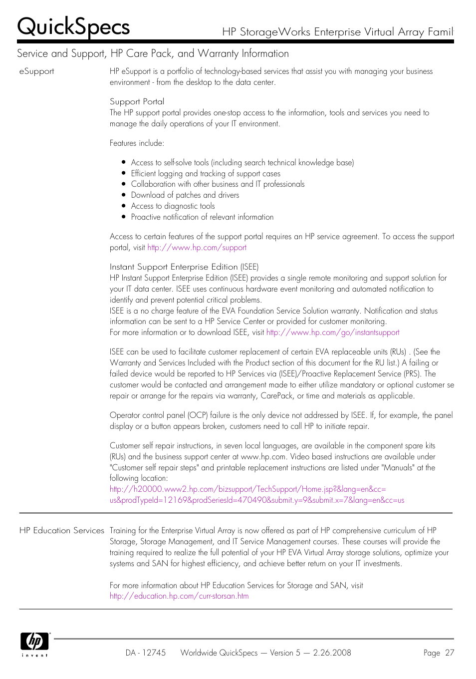 Quickspecs | HP EVA4100 User Manual | Page 27 / 50