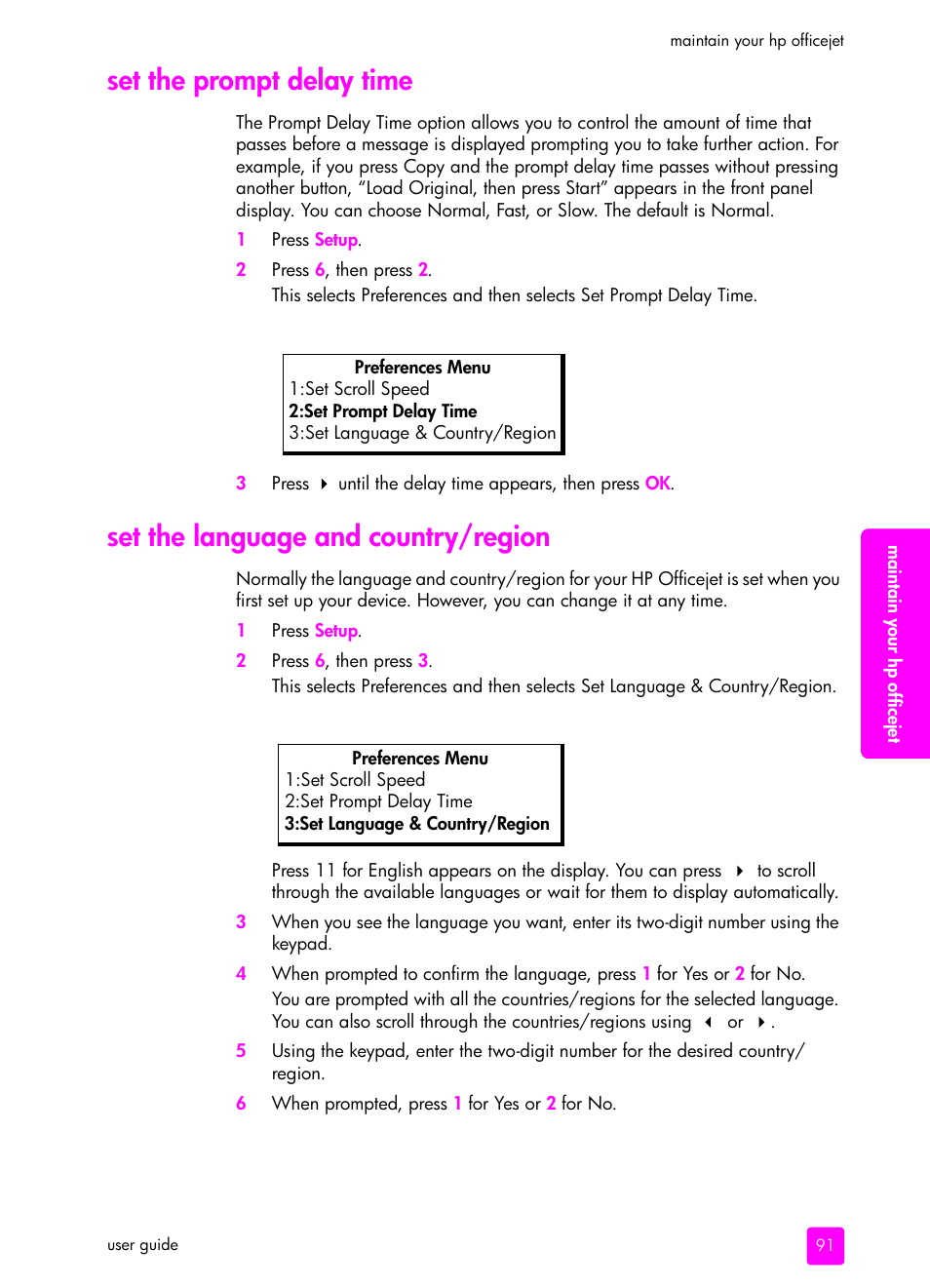 Set the prompt delay time, Set the language and country/region | HP 4200 series User Manual | Page 101 / 166