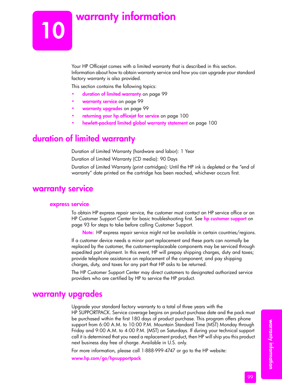 Warranty information, Duration of limited warranty, Warranty service | Express service, Warranty upgrades, 10 warranty information | HP 4200 series User Manual | Page 109 / 166