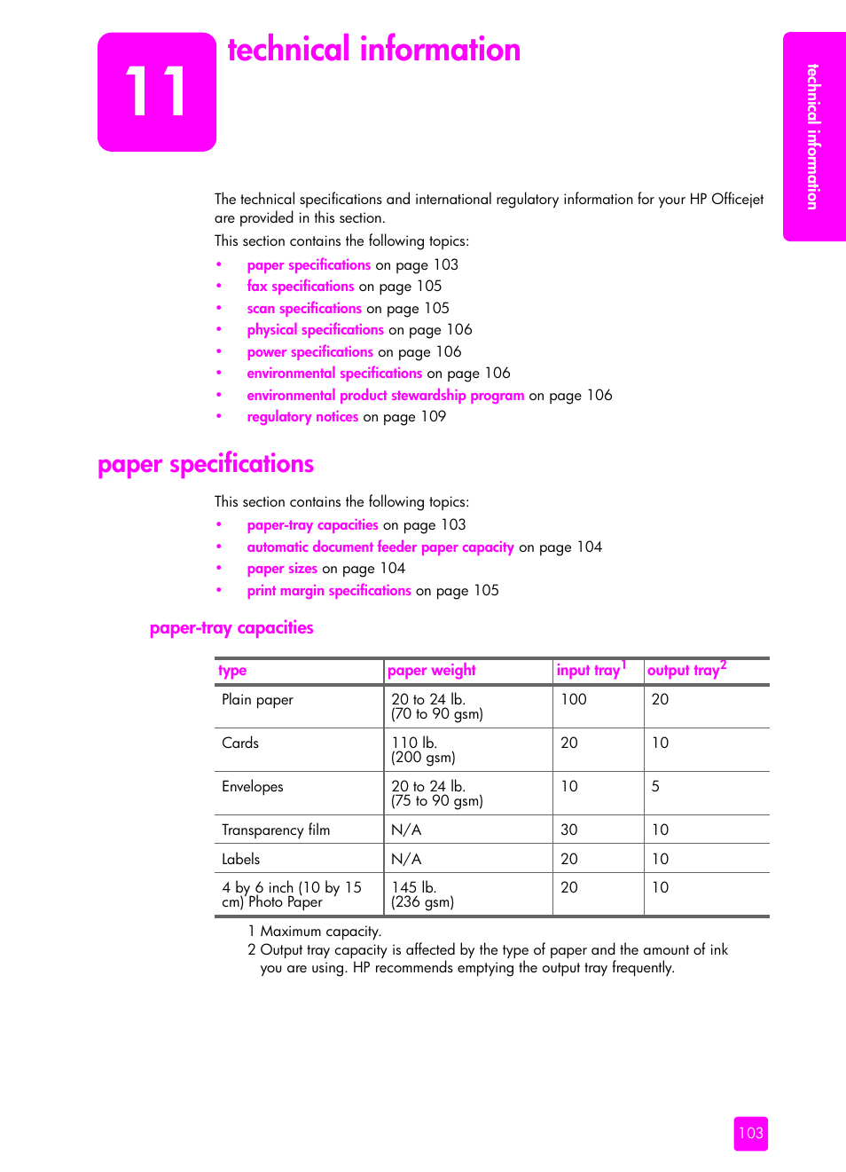 Technical information, Paper specifications, Paper-tray capacities | 11 technical information | HP 4200 series User Manual | Page 113 / 166
