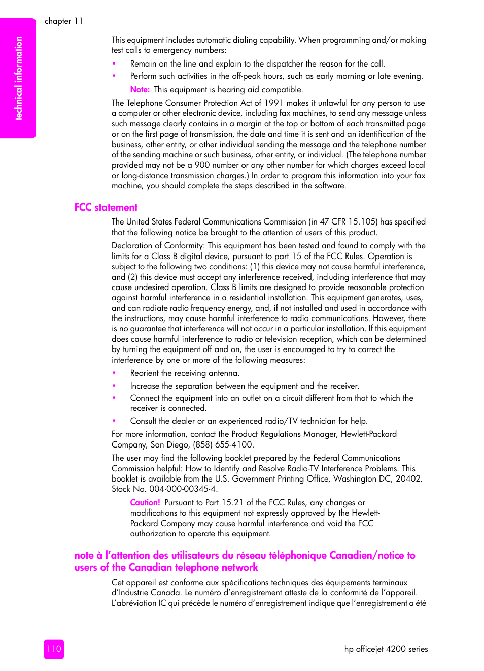 Fcc statement | HP 4200 series User Manual | Page 120 / 166