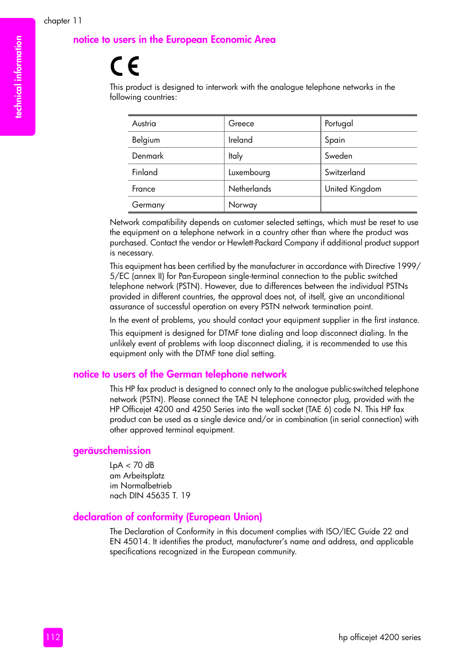 Notice to users in the european economic area, Notice to users of the german telephone network, Geräuschemission | Declaration of conformity (european union) | HP 4200 series User Manual | Page 122 / 166