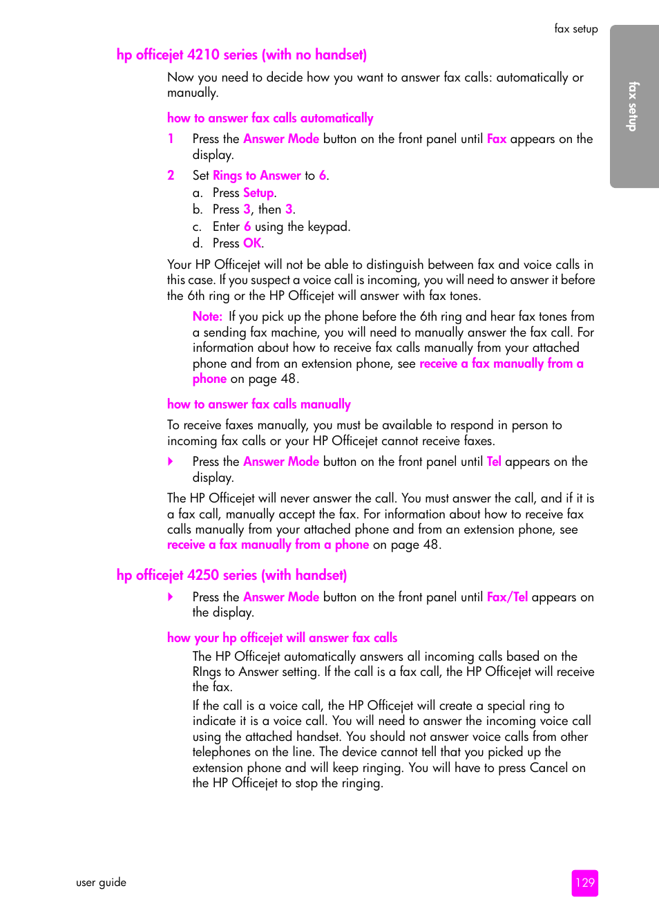 Hp officejet 4210 series (with no handset), Hp officejet 4250 series (with handset) | HP 4200 series User Manual | Page 139 / 166