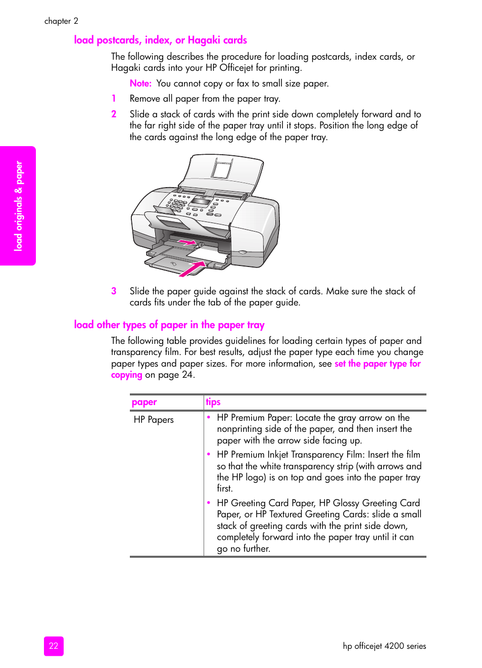 Load postcards, index, or hagaki cards, Load other types of paper in the paper tray | HP 4200 series User Manual | Page 32 / 166