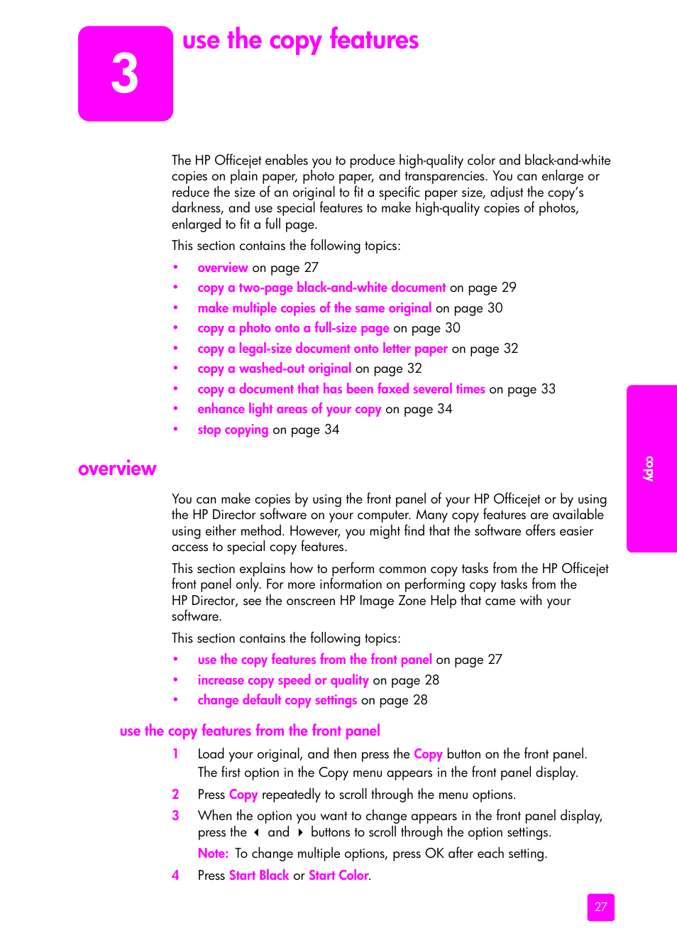 Use the copy features, Overview, Use the copy features from the front panel | 3 use the copy features | HP 4200 series User Manual | Page 37 / 166