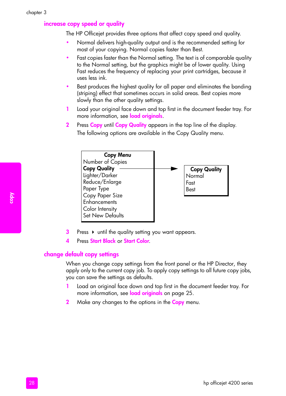 Increase copy speed or quality, Change default copy settings | HP 4200 series User Manual | Page 38 / 166