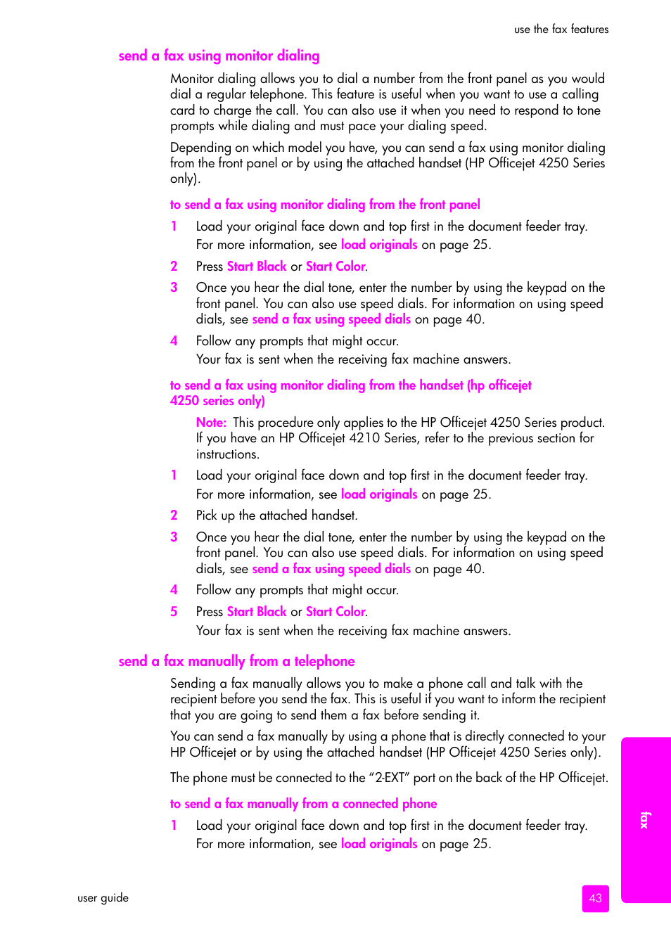 Send a fax using monitor dialing, Send a fax manually from a telephone | HP 4200 series User Manual | Page 53 / 166