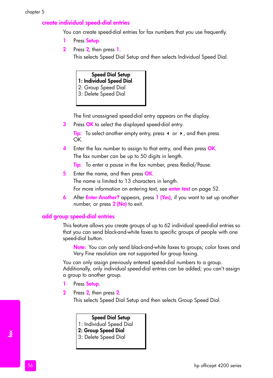 Create individual speed-dial entries, Add group speed-dial entries | HP 4200 series User Manual | Page 66 / 166