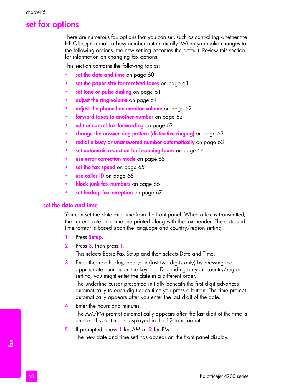 Set fax options, Set the date and time | HP 4200 series User Manual | Page 70 / 166