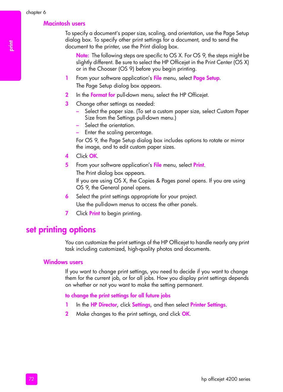 Macintosh users, Set printing options, Windows users | HP 4200 series User Manual | Page 82 / 166