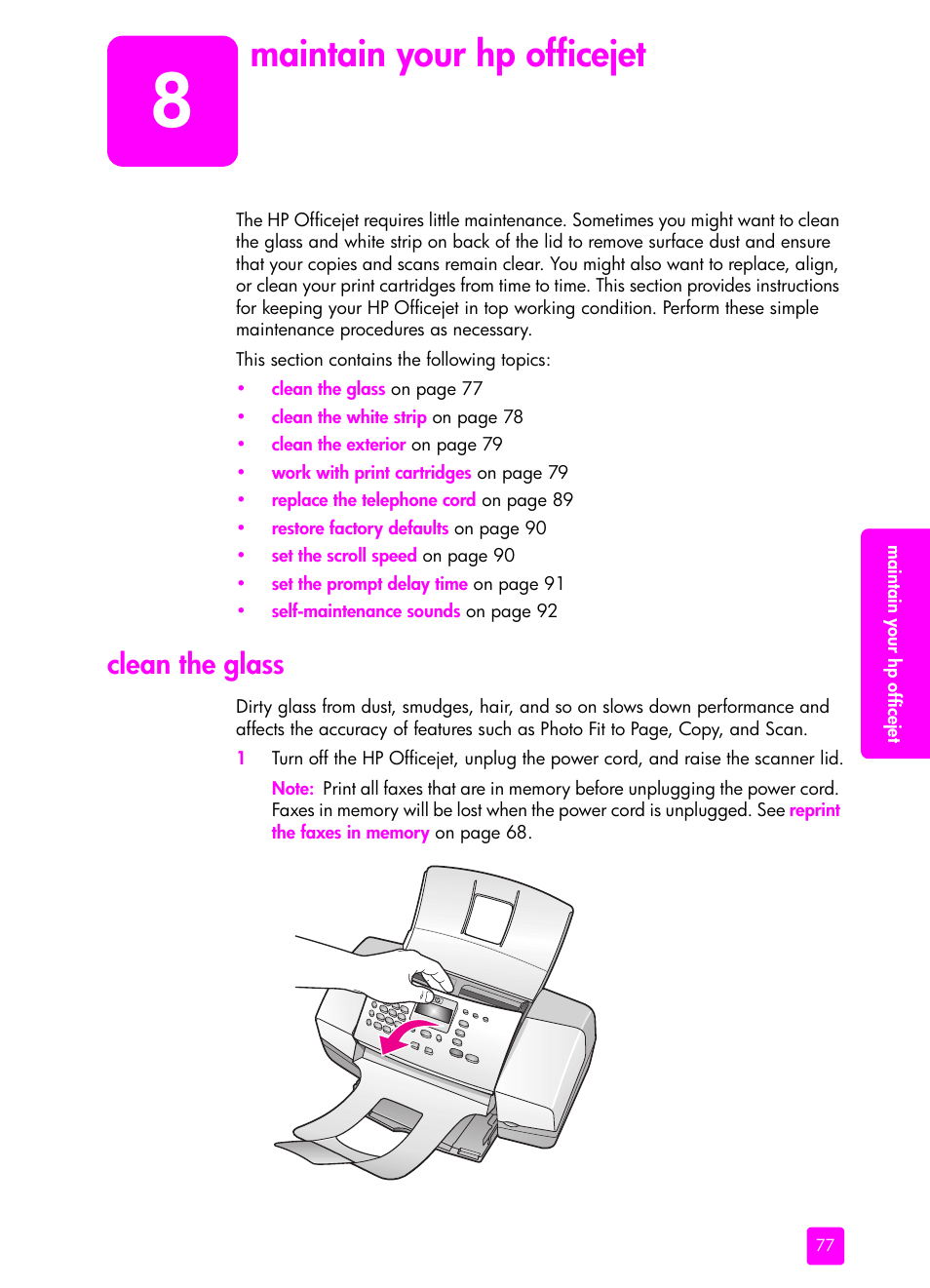 Maintain your hp officejet, Clean the glass, 8 maintain your hp officejet | HP 4200 series User Manual | Page 87 / 166