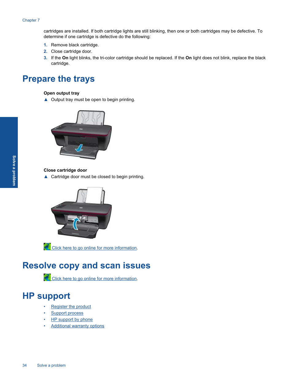 Hp support, Prepare, Prepare the trays | Resolve copy and scan issues | HP 2060 K110 User Manual | Page 36 / 48