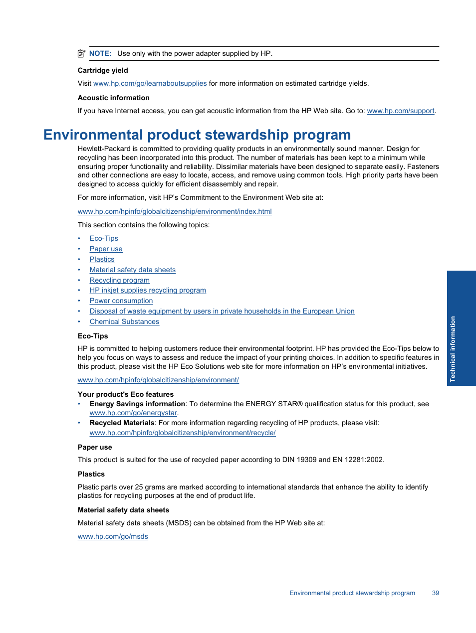 Environmental product stewardship program | HP 2060 K110 User Manual | Page 41 / 48