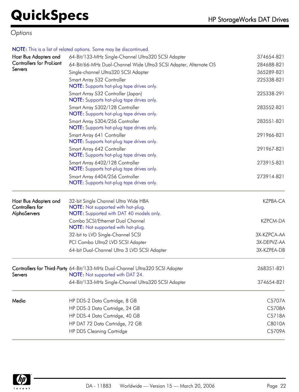 Options, Quickspecs, Hp storageworks dat drives | Hp storageworks dat drives options | HP 40 SCSI User Manual | Page 22 / 28
