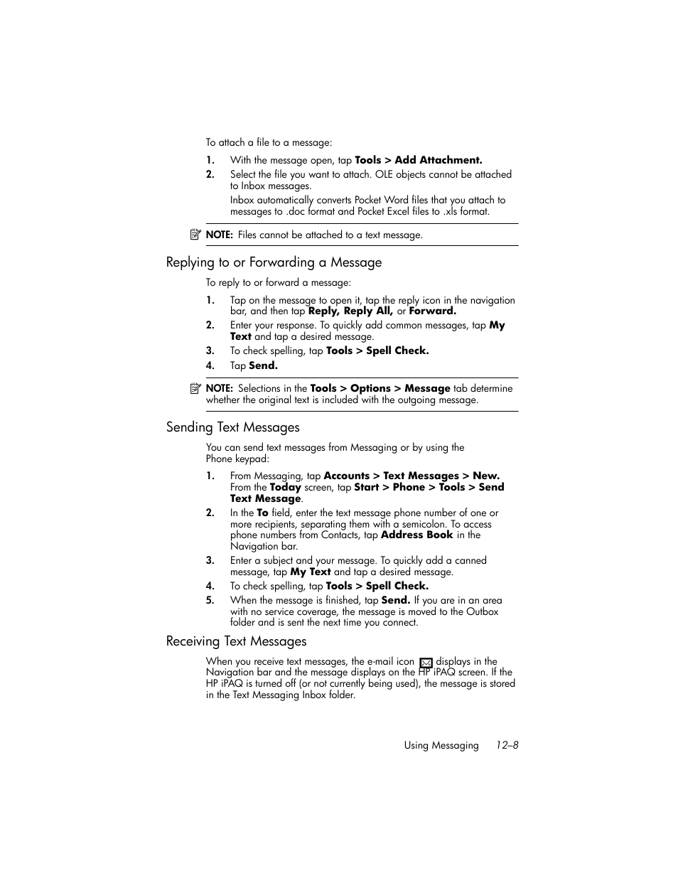 Replying to or forwarding a message, Sending text messages, Receiving text messages | Replying to or forwarding a message –8, Sending text messages –8, Receiving text messages –8 | HP iPAQ hw6500 User Manual | Page 128 / 170